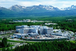 Alaska. Anchorage. Aerial of Providence Hospital in mid-town.